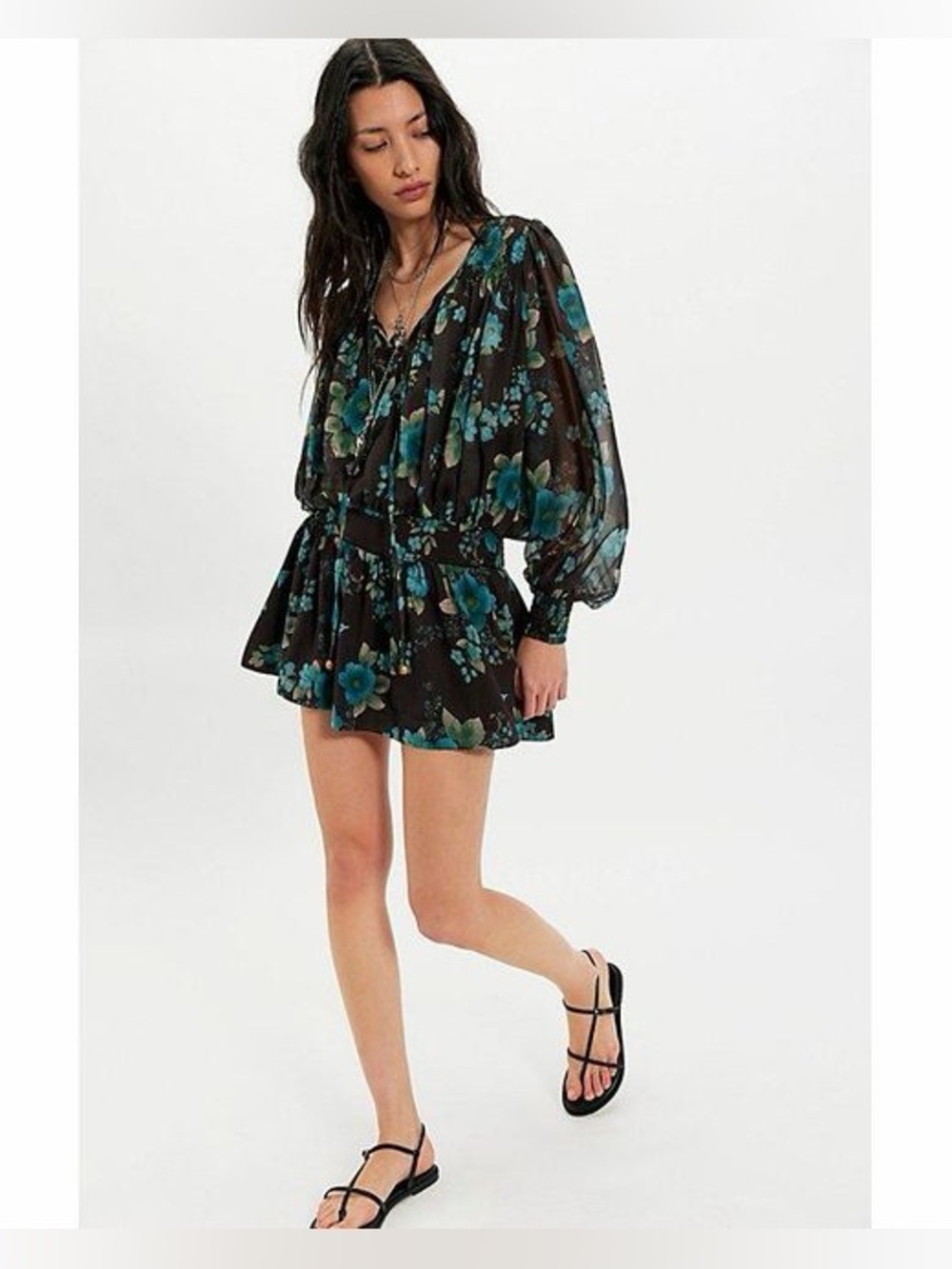 Floral V-Neck Black & Teal Mini Dress